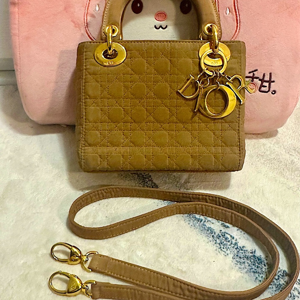 Authentic Mini Lady Dior in Nylon Beige double top handles with Strap
